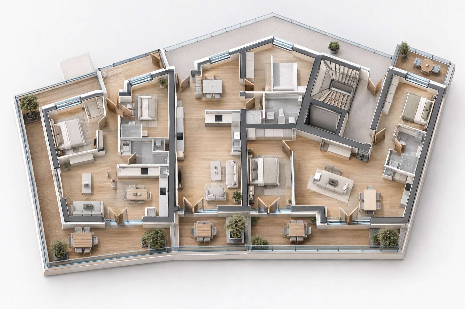 3D-Ansicht des Dachgeschosses mit drei Dachterrassen-Wohnungen