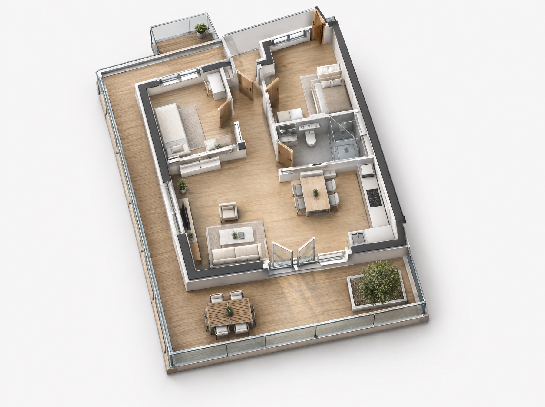 3D-Ansicht einer Dachterrassen-Wohnung mit drei Zimmern