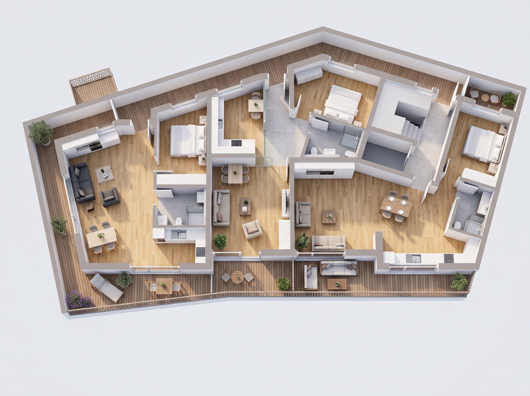 3D-Visualisierung der Dachterrassen-Wohnungen