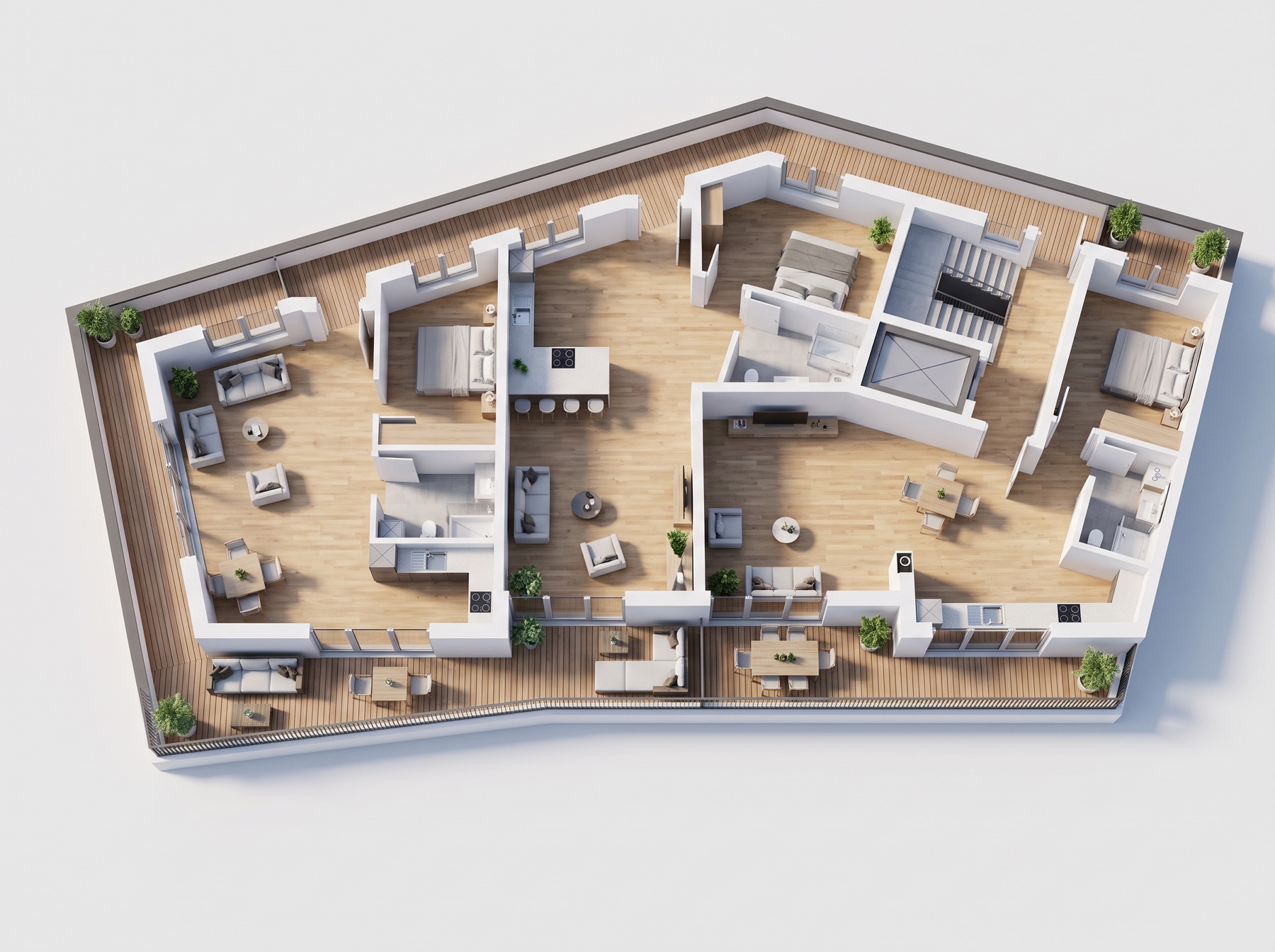 3D-Modell des Dachgeschosses mit drei Terrassenwohnungen